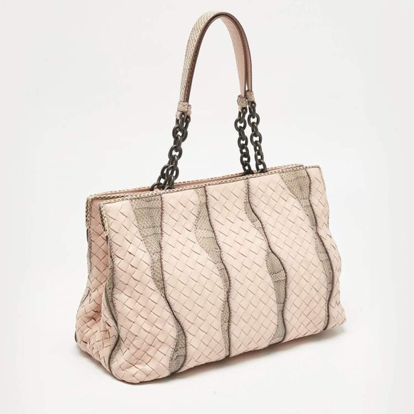 ❤️Authentic Bottega Veneta Salmon/Beige Intrecciato Leather and Snakeskin Tote❤️ - Picture 3 of 12